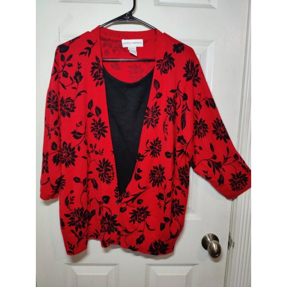 Cathy Daniels Vintage Red Black Faux Cardigan 3/4-Sleeve Floral Sweater 2X
